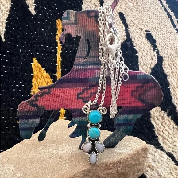 ❤️ Bluebird Turquoise & Pink Opal 925 Southwestern Navajo Necklace 18+2”L 11.4Gm - Picture 7 of 12